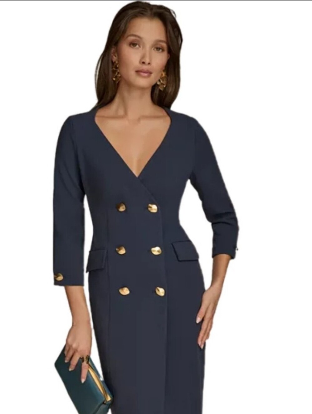 Donna Karan Navy Midi Dress with Gold Buttons